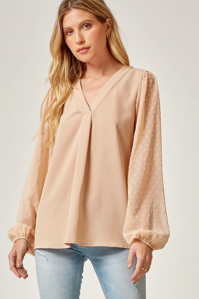 Swiss Dot Ballon Sleeve V-Neck Blouse
