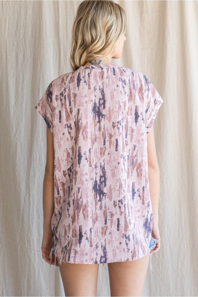 V Neck Print Top w/ Cap Sleeve