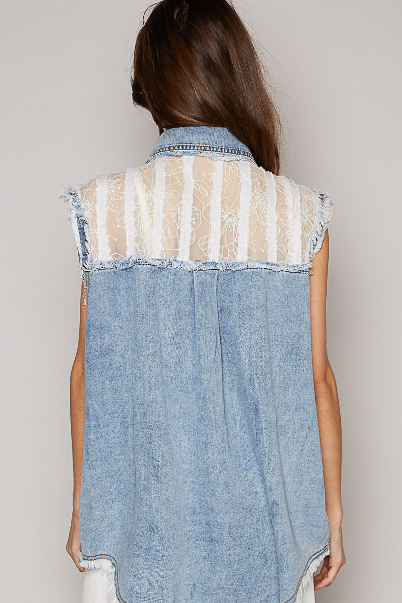 Slvless Jacket Top w/ Lace Patchwork