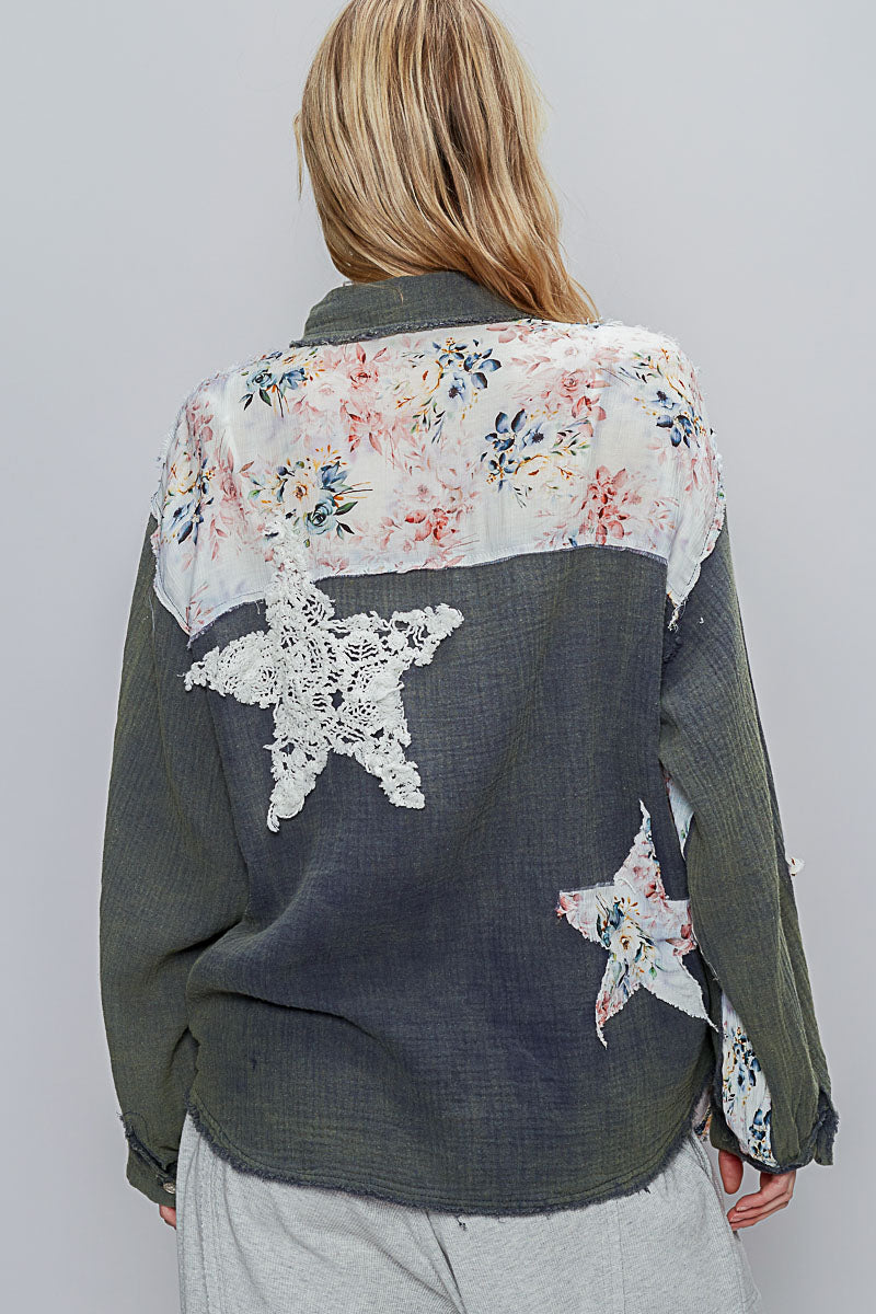 L/S Star Crochet Patch Raw Edge Shirt