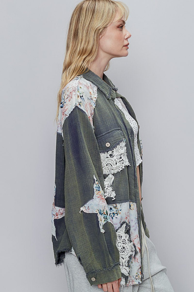 L/S Star Crochet Patch Raw Edge Shirt