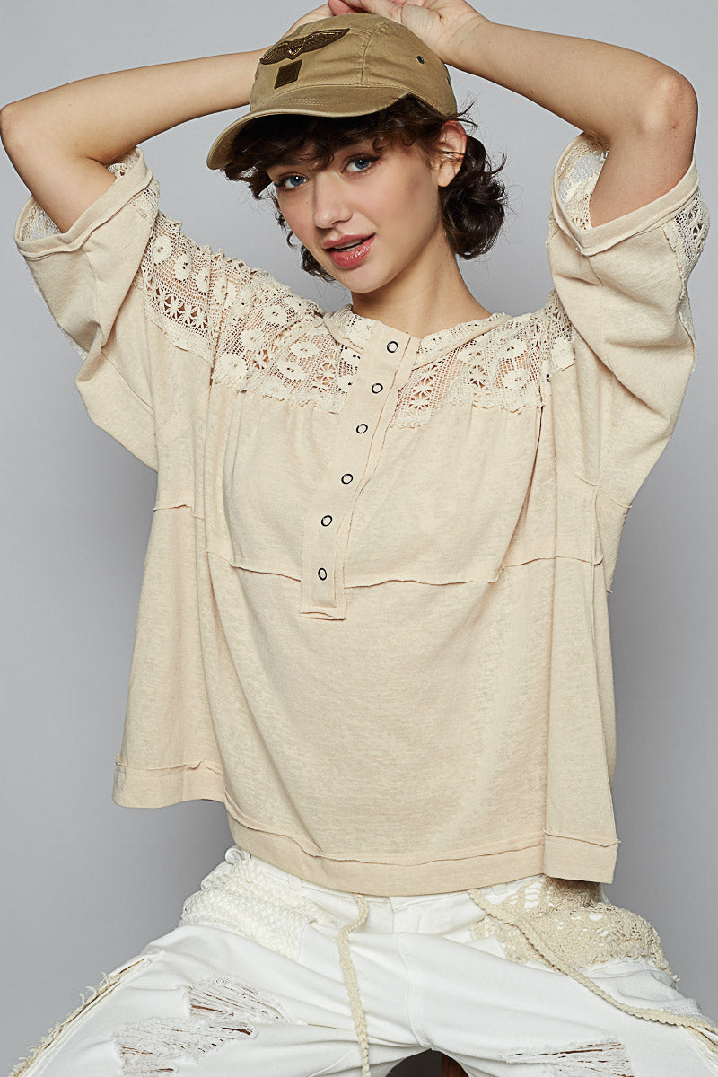3/4 Sleeve Relaxed Fit Top w/ Crochet