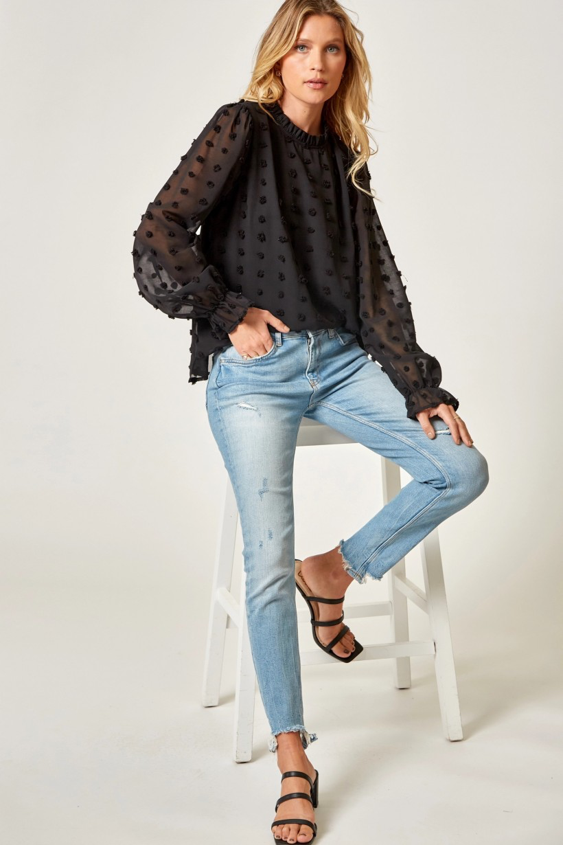 Classic Pom Pom Detail High Neck Blouse