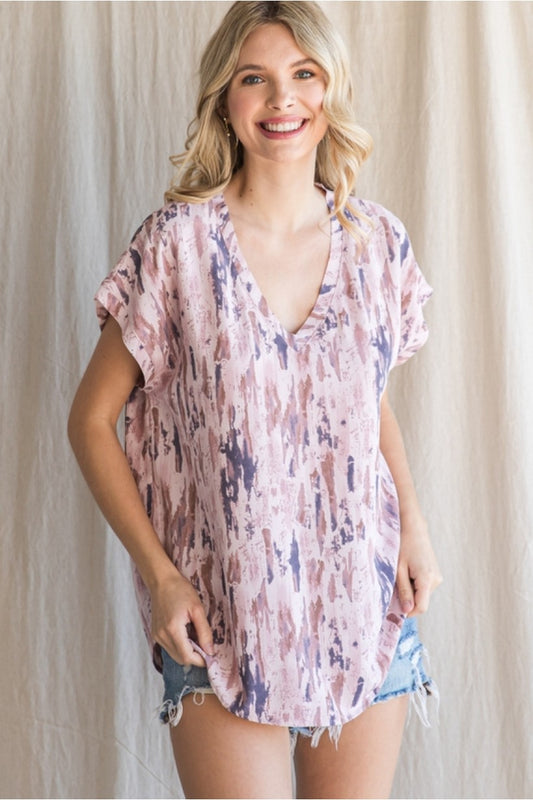 V Neck Print Top w/ Cap Sleeve