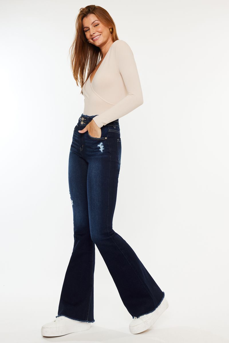 High Rise DBL WB Fray Hem Flare