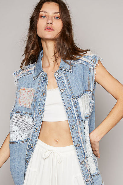 Slvless Jacket Top w/ Lace Patchwork