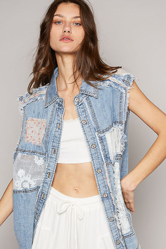 Slvless Jacket Top w/ Lace Patchwork