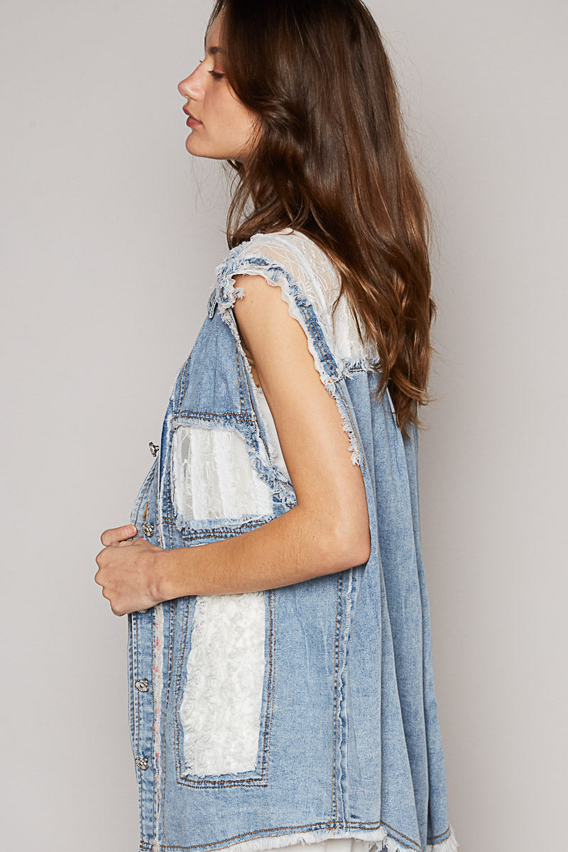 Slvless Jacket Top w/ Lace Patchwork