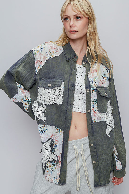 L/S Star Crochet Patch Raw Edge Shirt