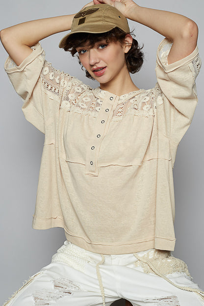 3/4 Sleeve Relaxed Fit Top w/ Crochet