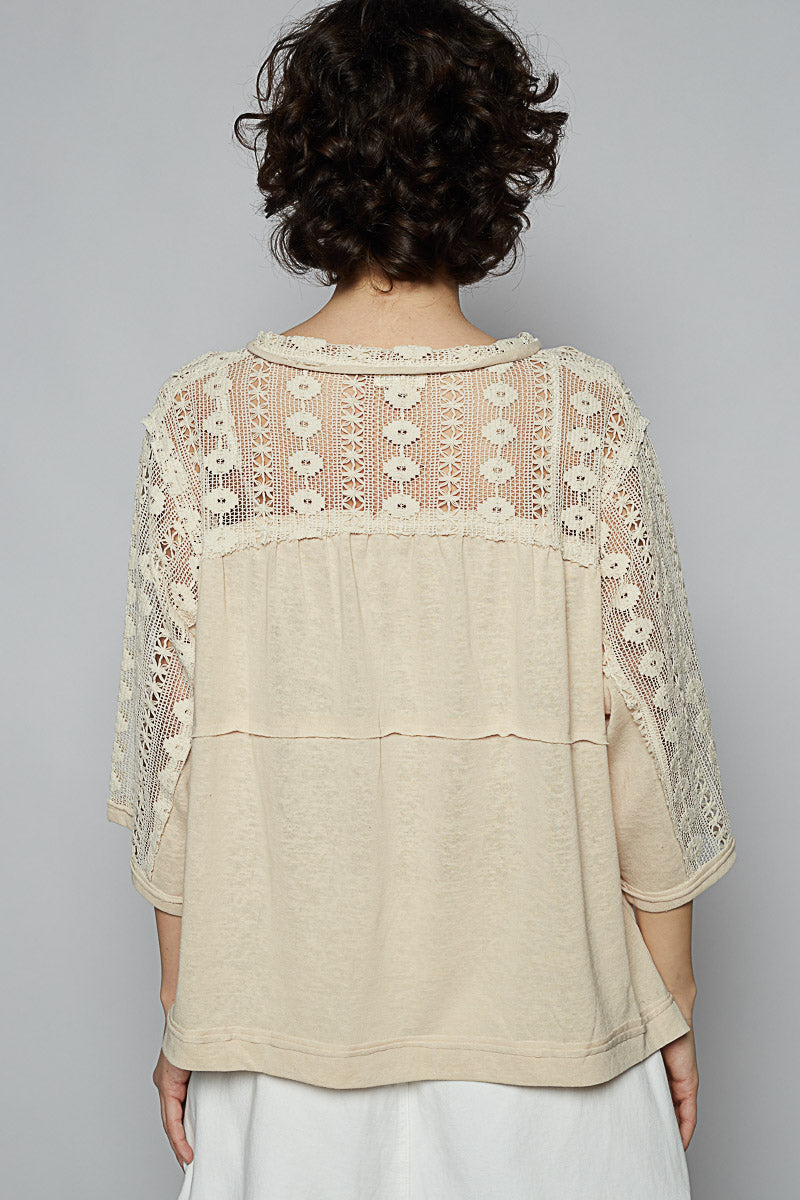 3/4 Sleeve Relaxed Fit Top w/ Crochet