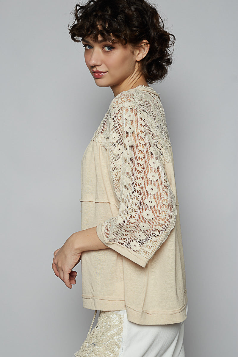 3/4 Sleeve Relaxed Fit Top w/ Crochet