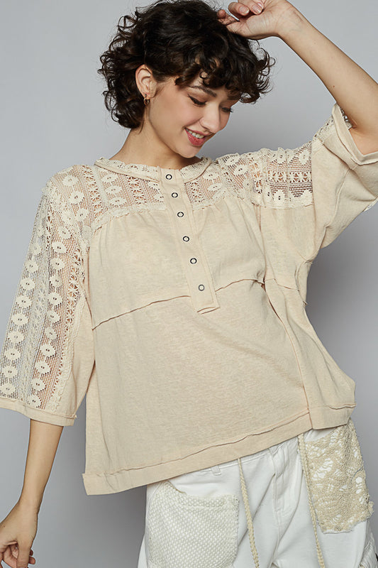 3/4 Sleeve Relaxed Fit Top w/ Crochet